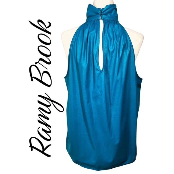 Ramy Brook Teal Faux Leather Halter High Neck Draped Vegan Leather Blouse Medium - Picture 12 of 14